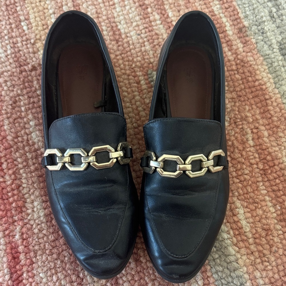H&M Black Loafers with Gold Chain Accent